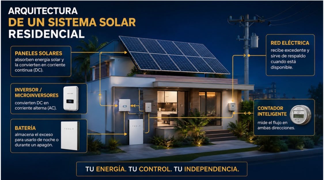Arquitectura: paneles, inversor, batería, contador inteligente y red eléctrica
