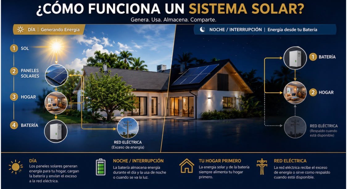 Diagrama: de día los paneles alimentan el hogar y cargan la batería; de noche la batería alimenta el hogar